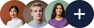 Portraits of three diverse professionals, two women and one man, smiling and looking forward.